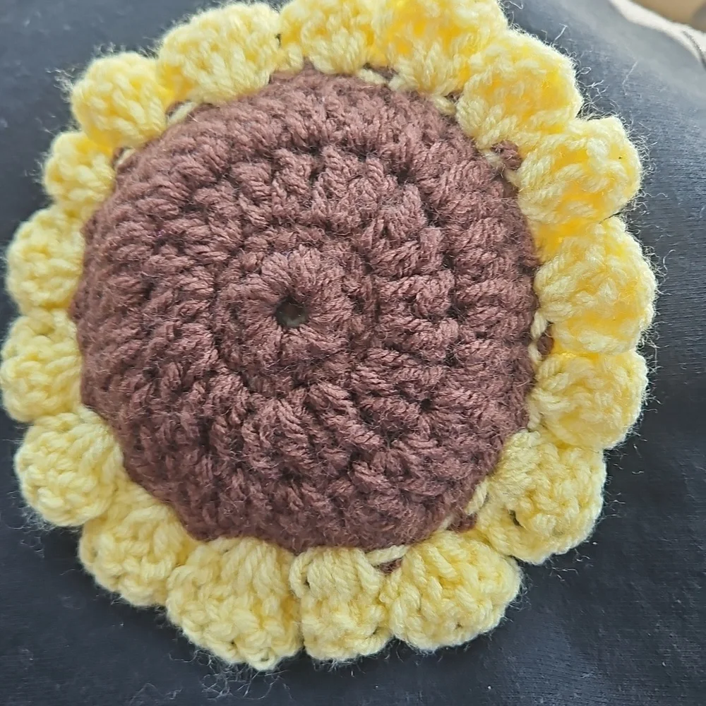 Hand Crafted Yellow Brown Boho Crochet Sunflower Brooch Floral Pin Bag Charm 6